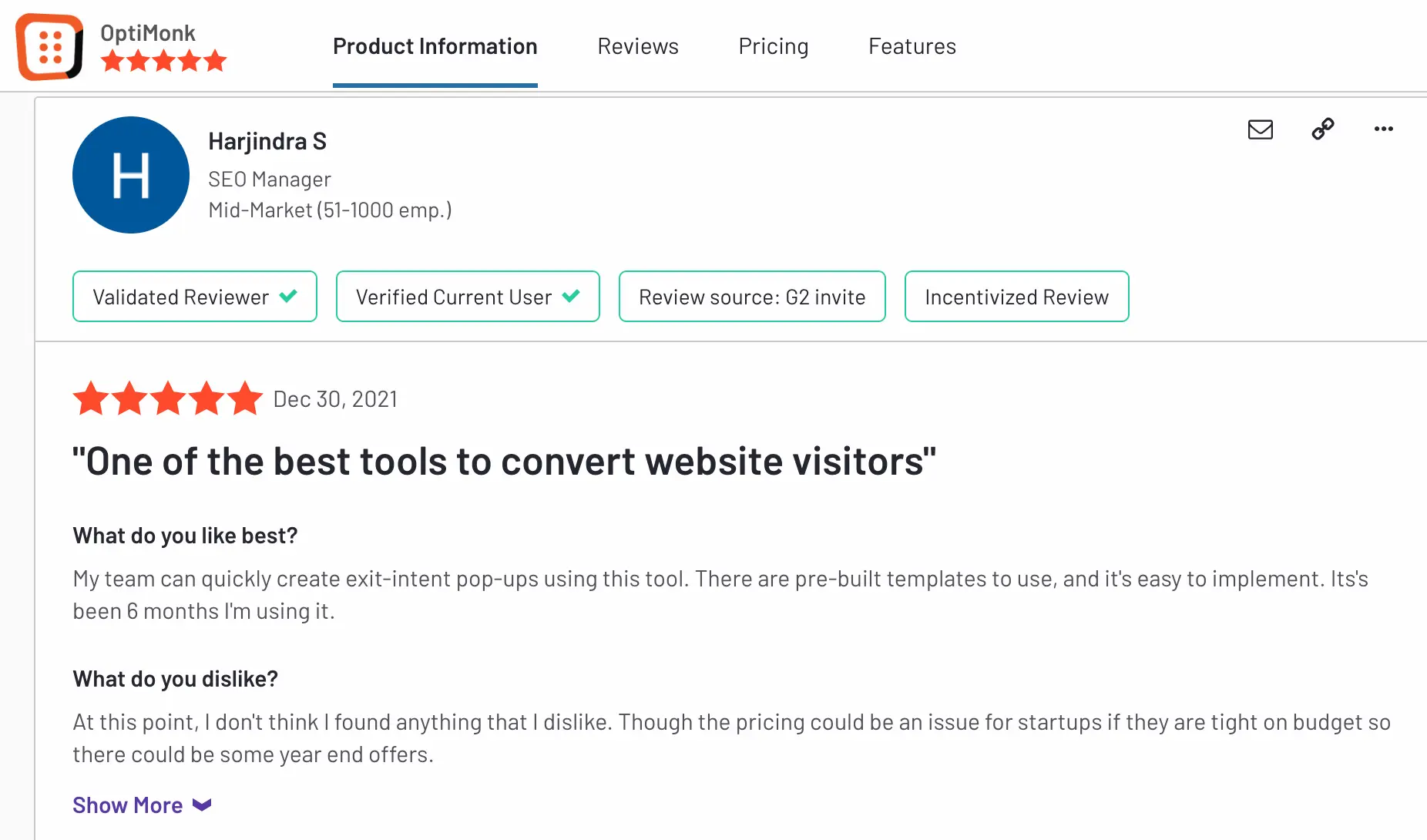 OptiMonk G2 review - 5 stars - One of the best tools to convert website visitors