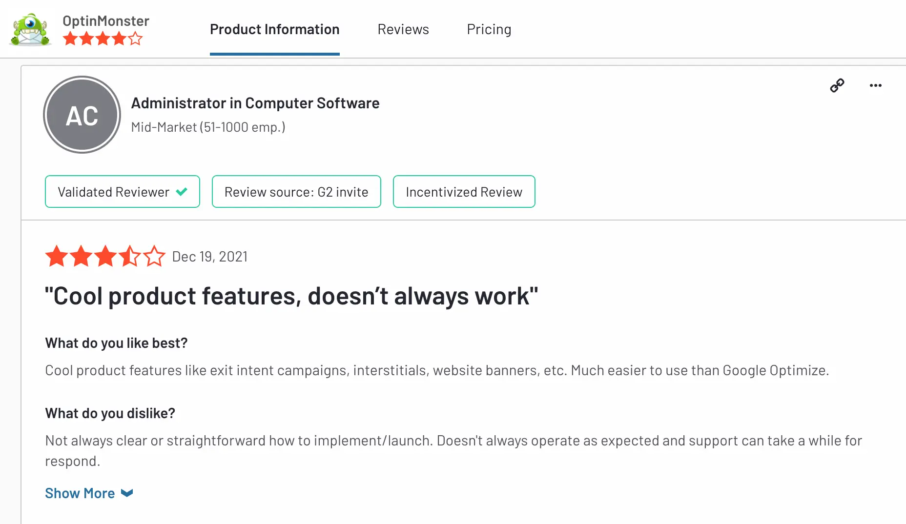 OptinMonster G2 review - 3.5 stars - Cool product features, doesn't always work