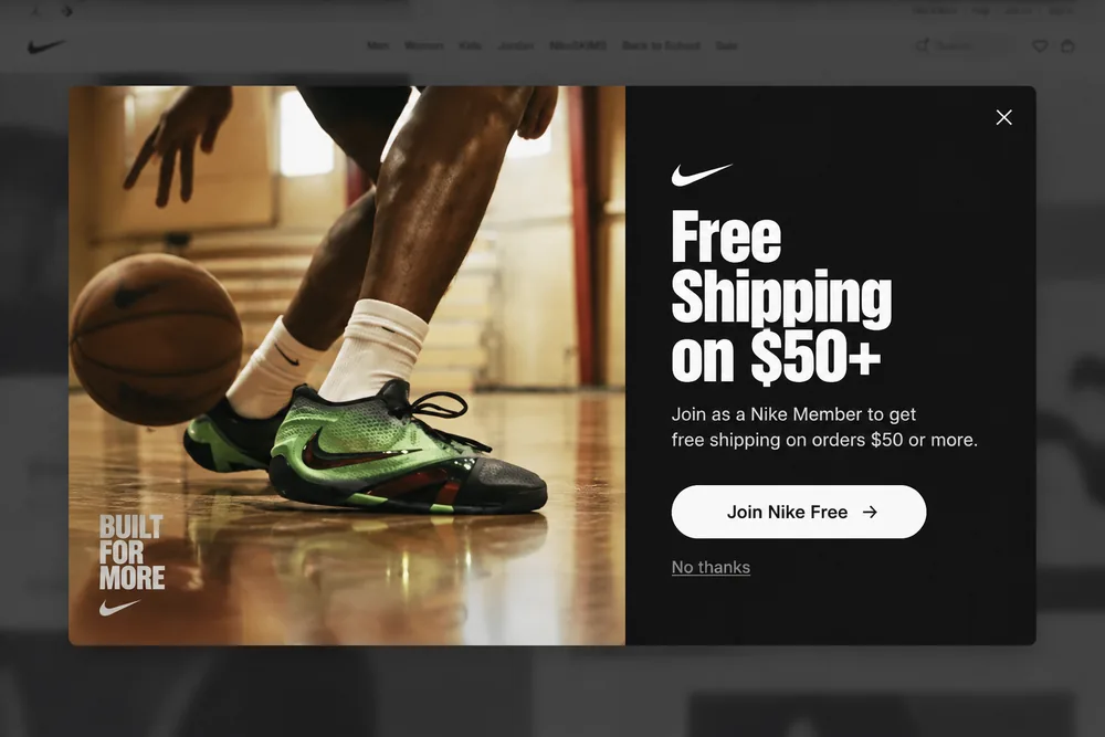 Free shipping popup on a store page