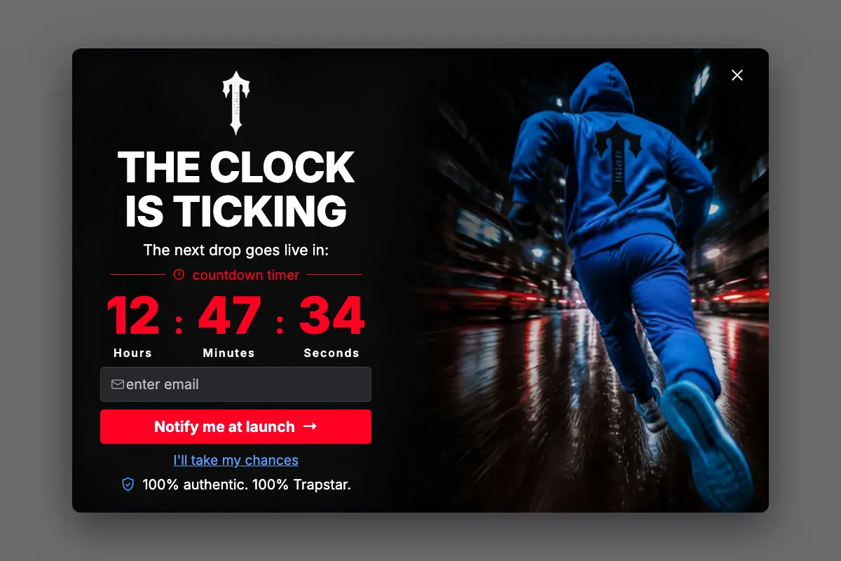 The seasonal popup the agent built for uk.trapstarlondon.com, with a live countdown