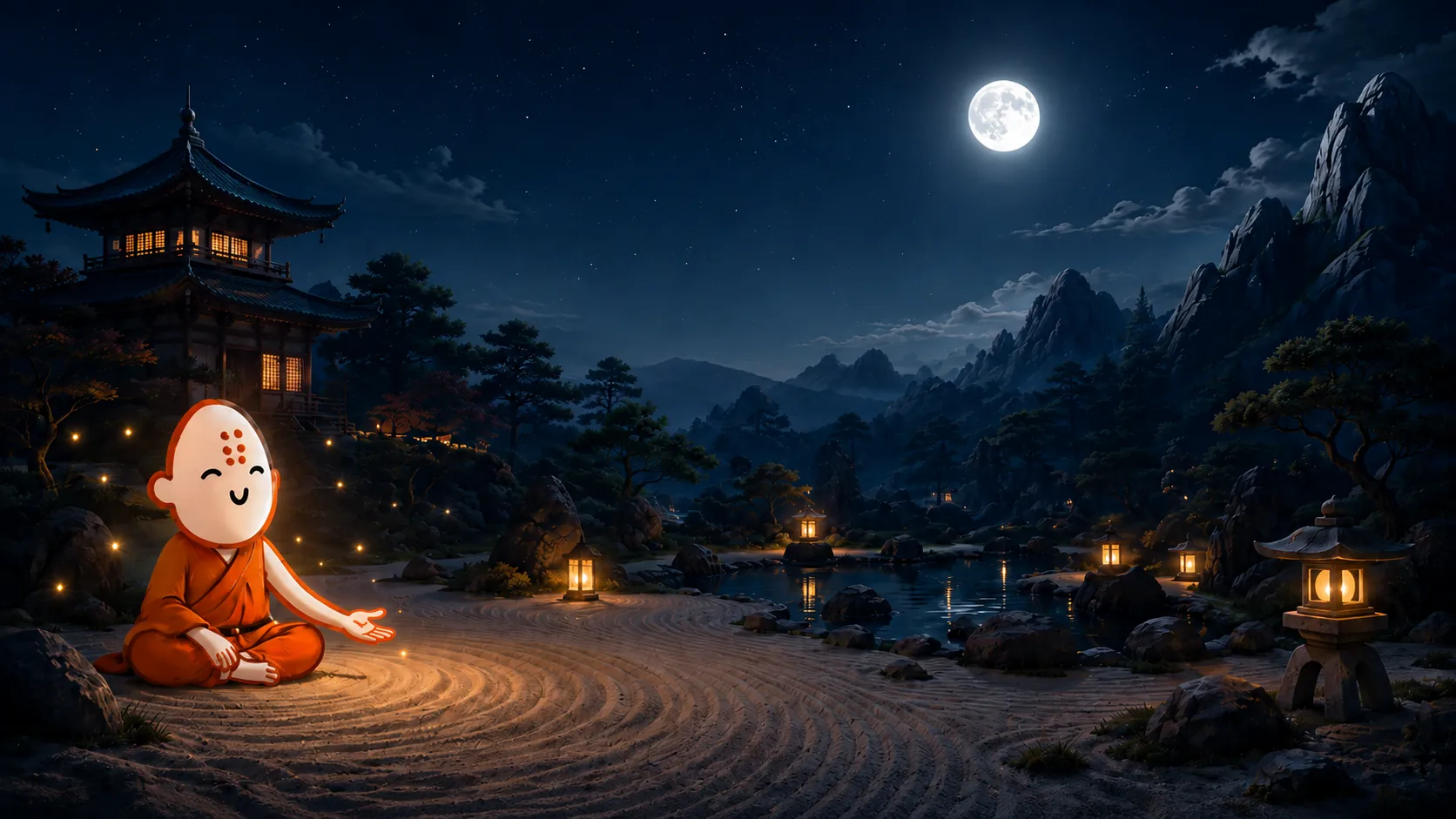 Monk meditating in a moonlit zen garden