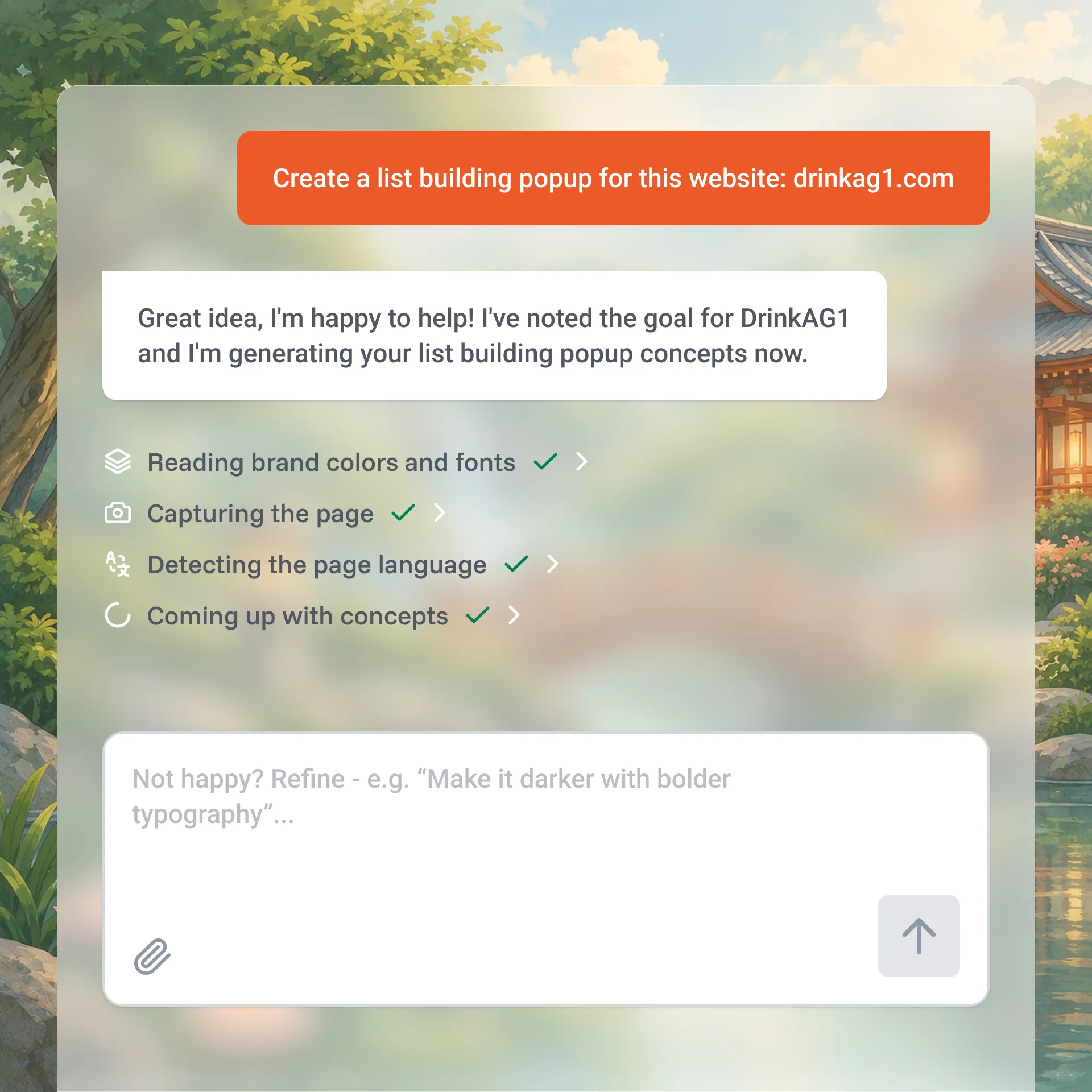 OptiMonk agent analyzing a request to create a list-building popup