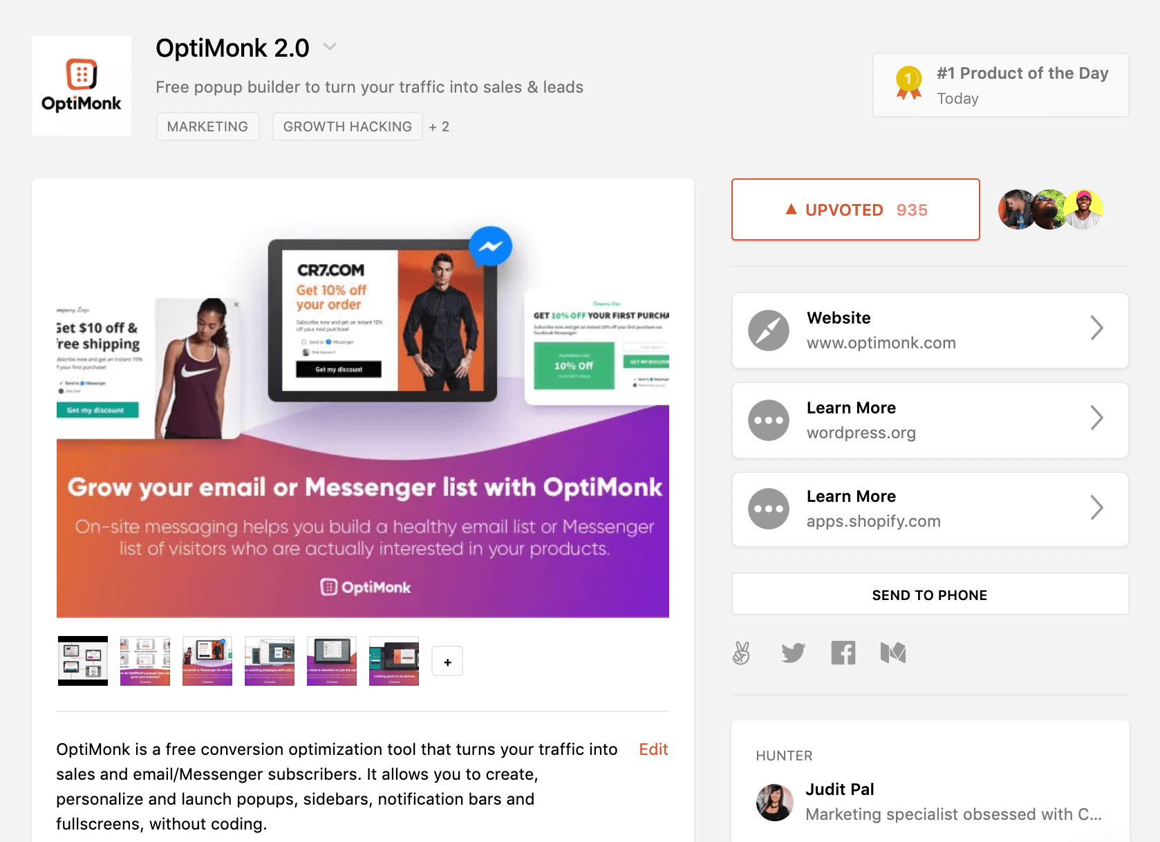 product of the day - OptiMonk Became #1 on Product Hunt 😻